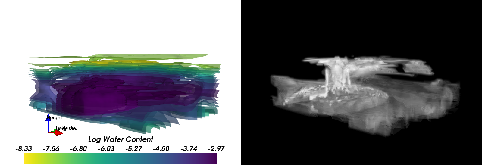 3D renderings of water and cloud fields on a tidally-locked planet